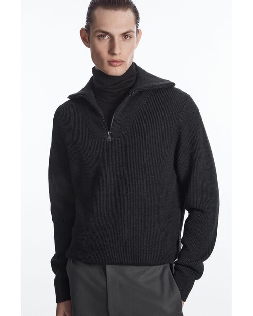 COS Black Wool And Cotton-blend Half-zip Jumper for men