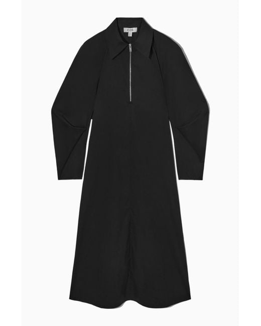 COS Half-zip Poplin Midi Shirt Dress in Black | Lyst