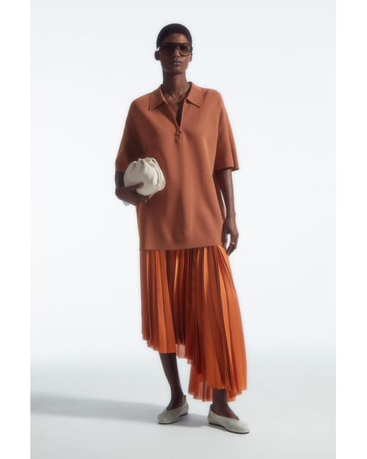 COS Orange Asymmetric Pleated Midi Skirt