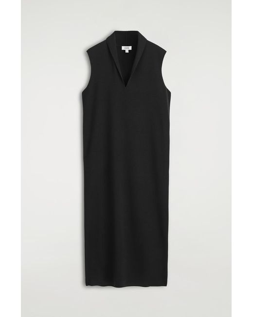 COS Black Draped-Collar Merino Wool Dress