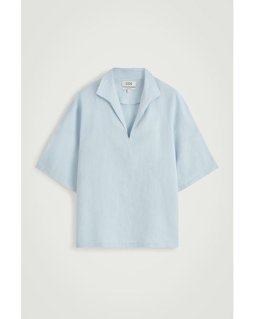COS Open-collar Linen Shirt In Light Blue for men