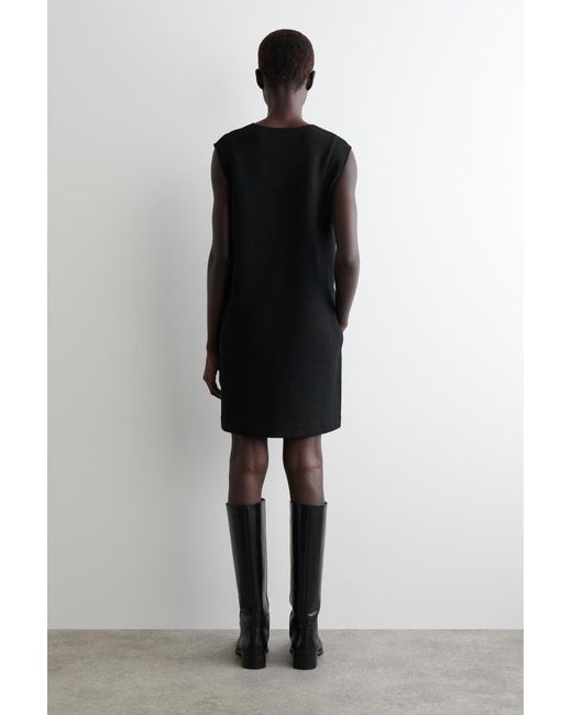 COS Black Boiled Wool V-Neck Mini Dress