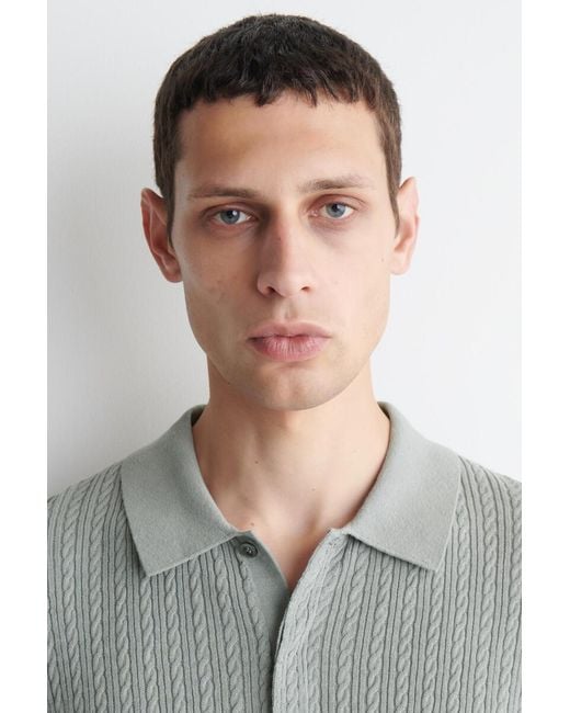 COS Gray Cable-Knit Cotton-Linen Polo Shirt for men