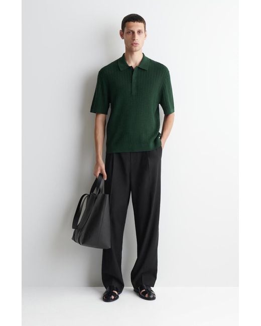COS Green Cable-Knit Cotton-Linen Polo Shirt for men