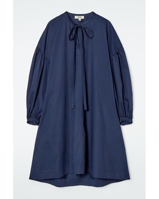 COS Blue Gathered Tie-Detail Dress
