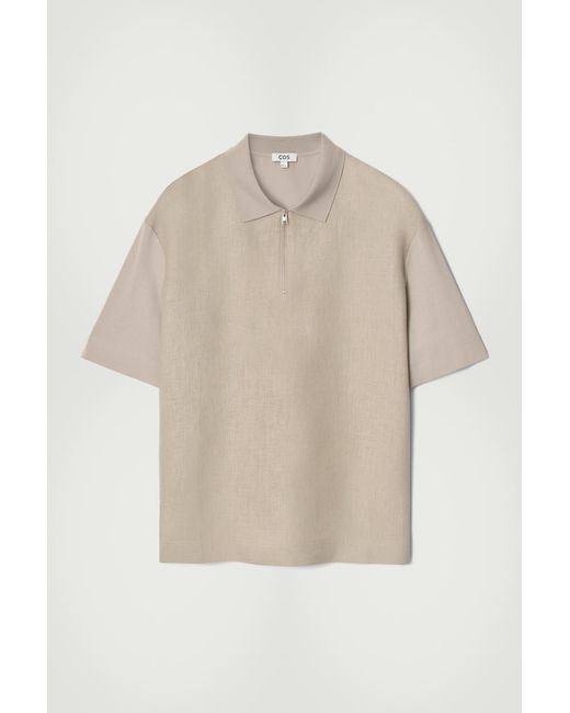 COS Natural Contrast-Panel Linen Half-Zip Polo Shirt for men