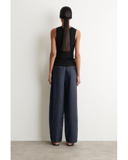 COS Blue Elasticated Linen Barrel-Leg Pants