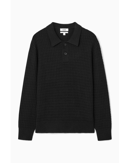 COS Black Textured Knitted Polo Shirt for men