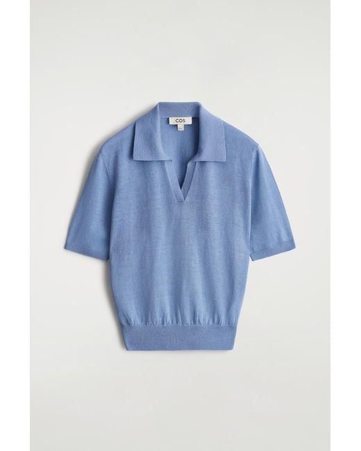 COS Blue Knitted Linen-Merino Polo Shirt