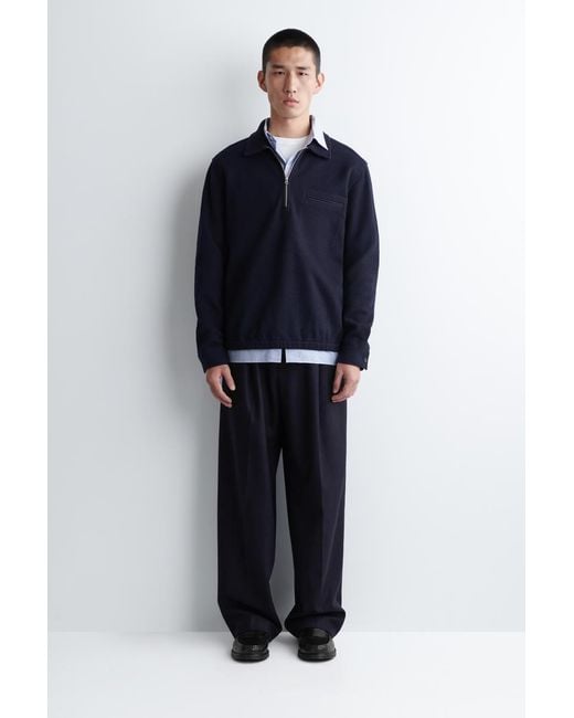 COS Blue Boiled-Wool Zip-Up Polo Jumper for men