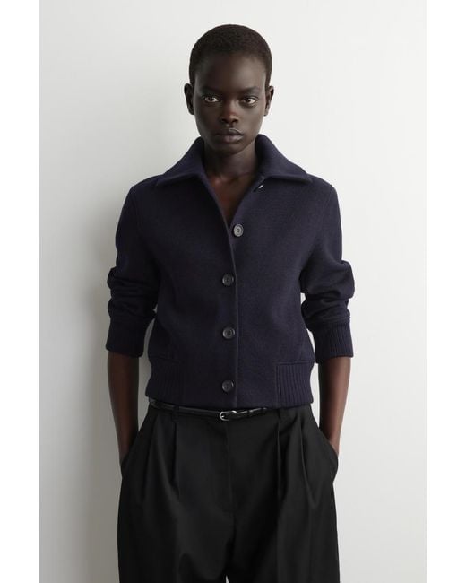 COS Blue Ribbed-Collar Boiled Merino Wool Jacket