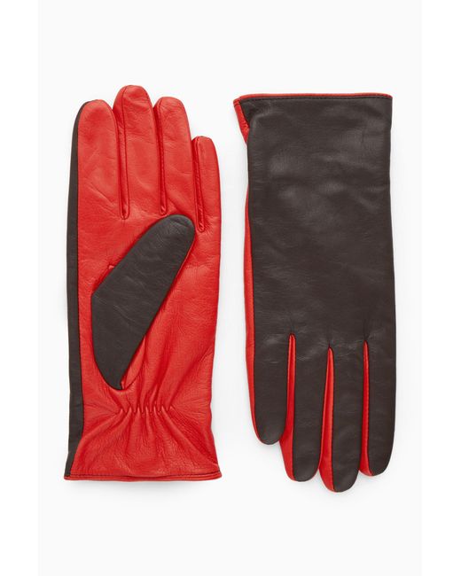COS Red Cashmere-lined Color-block Leather Gloves