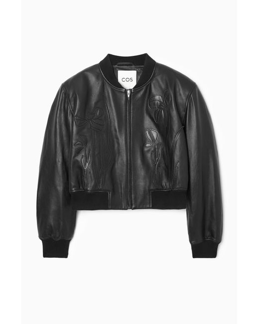COS Black Oversized Appliquéd Leather Bomber Jacket