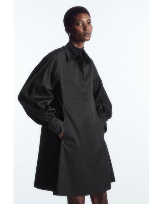 COS Black Gathered-sleeve Mini Shirt Dress
