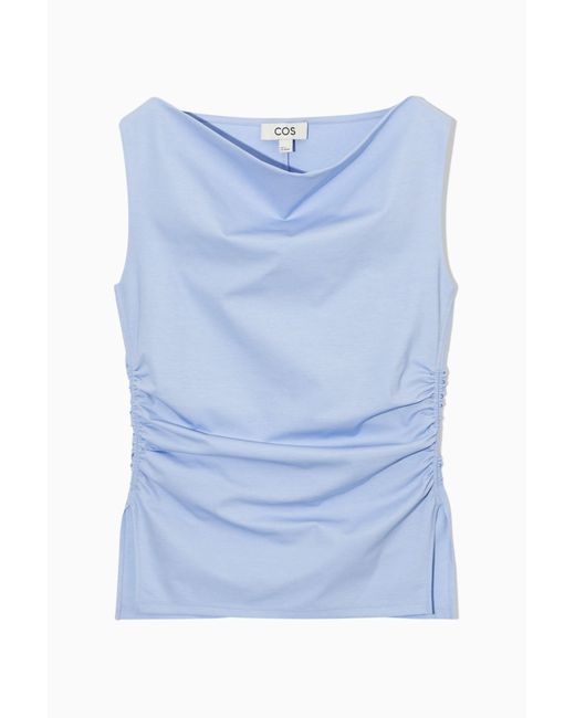 COS Blue Cowl-neck Gathered Sleeveless Top