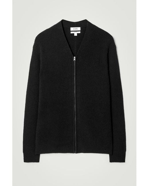 COS Black Bouclé-Knit V-Neck Zip-Up Cardigan for men