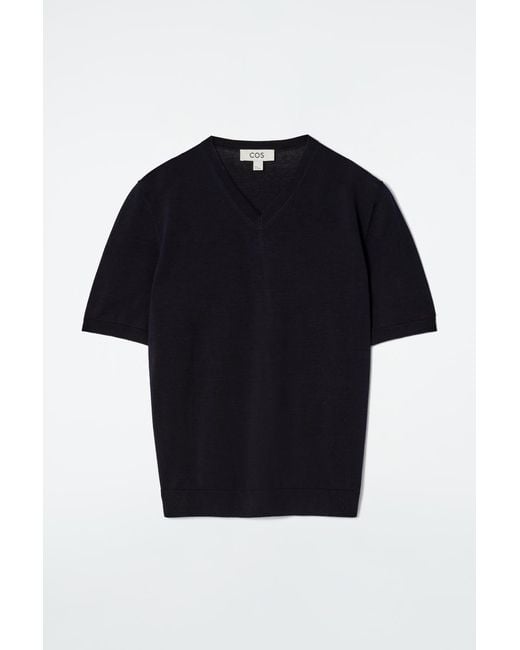 COS Blue Knitted Cotton V-Neck T-Shirt