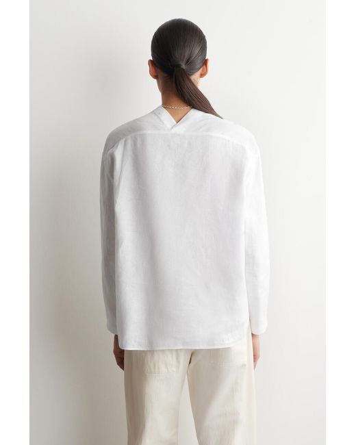 COS Blue Button-Detail Linen V-Neck Shirt