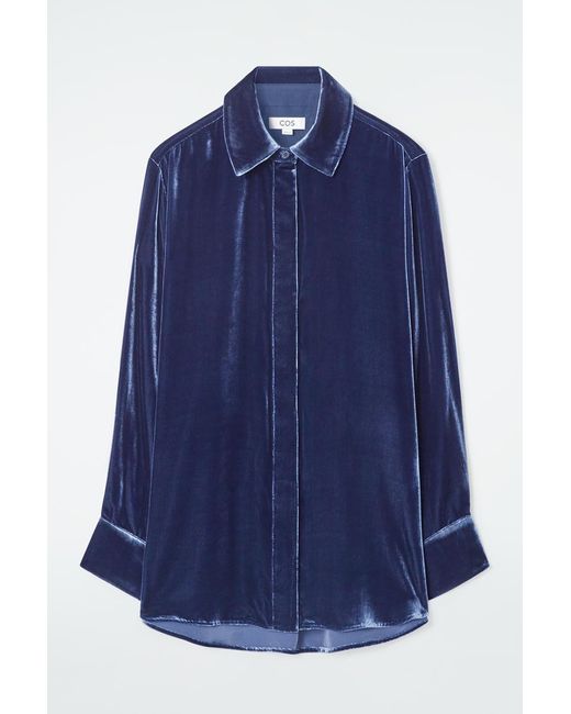 COS Blue Relaxed Silk-Blend Velvet Shirt