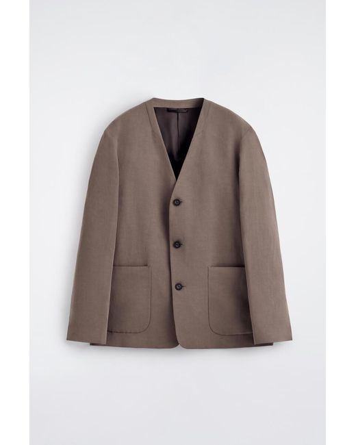 COS Brown Collarless Linen-Blend Blazer for men