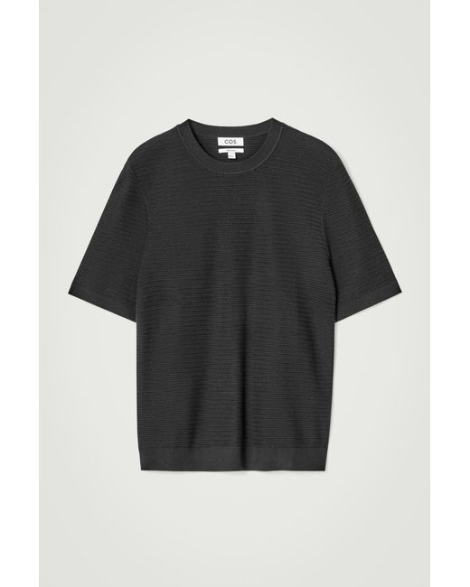 COS Black Textured Knitted Cotton T-shirt In Blue for men