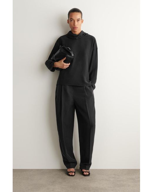 COS Black Washed-Silk Funnel-Neck Top