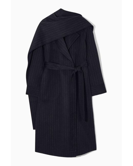COS Blue Oversized Pinstriped Wool Scarf Coat