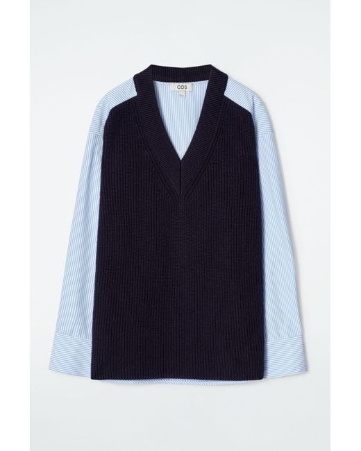 COS Blue Deconstructed Poplin-panelled Wool Jumper