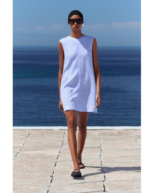 COS Blue V-Neck Open-Back Linen Mini Dress