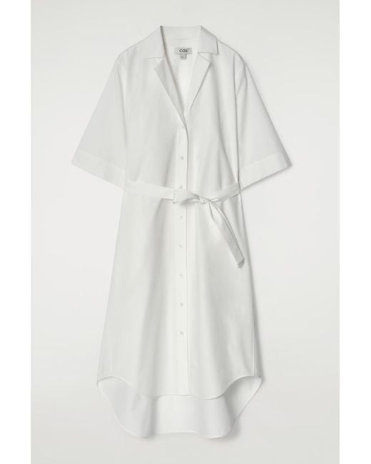 COS White Belted Short-Sleeved Midi Shirt Dress