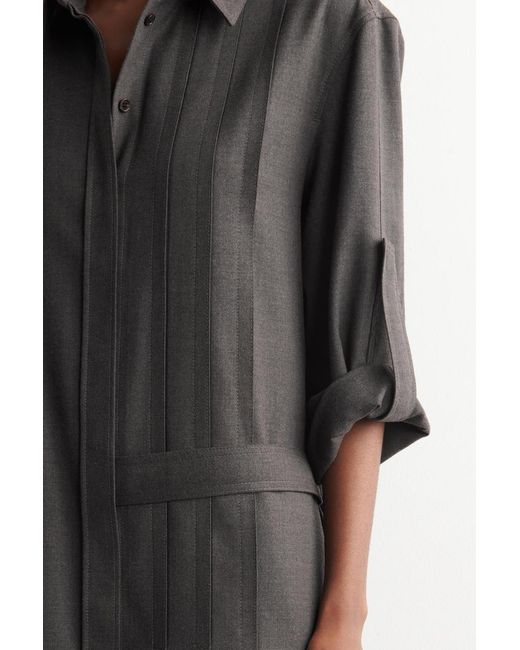 COS Gray Half-Pleated Wool Mini Shirt Dress