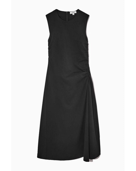 COS Cotton Gathered Midi Dress in Black | Lyst