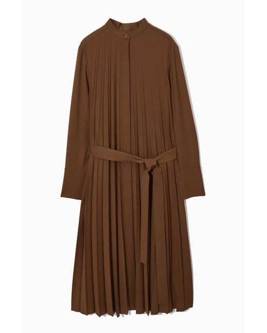 COS Pleated Wool-blend Shirt Dress in Brown | Lyst