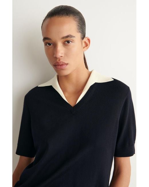 COS Blue Merino Wool Layered Polo Shirt