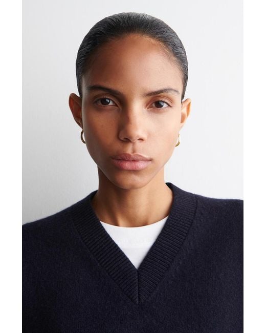 COS Blue Rounded Wool V-Neck Sweater