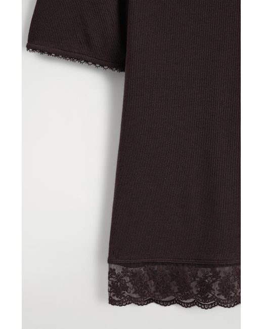 COS Black Lace-Trimmed Ribbed V-Neck T-Shirt