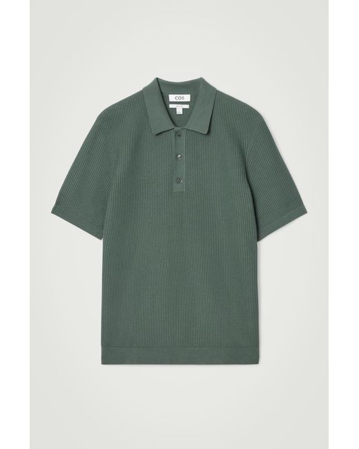 COS Green Textured Knitted Polo Shirt for men