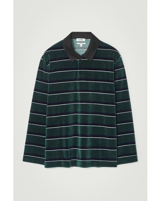 COS Green Striped Velvet Long-Sleeved Polo Shirt for men
