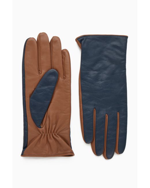 COS Blue Cashmere-lined Colour-block Leather Gloves