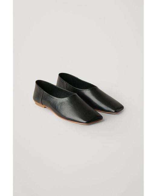 COS Black Square Toe Leather Ballerina Shoes
