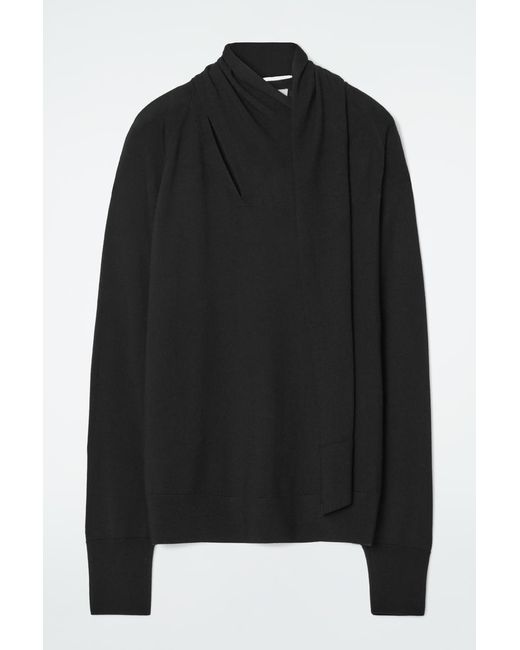 COS Black Scarf-detail Wool Turtleneck Sweater