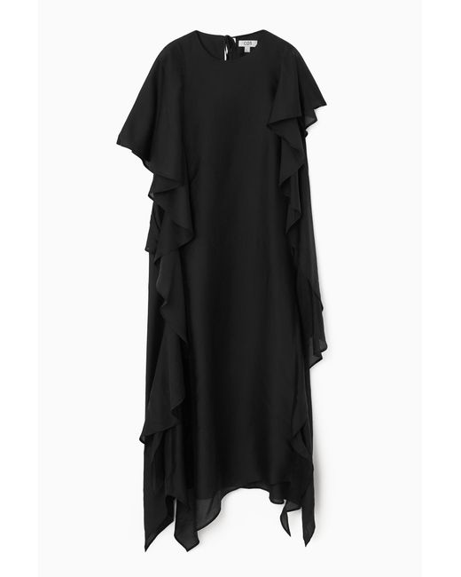 COS Black Ruffled Asymmetric Midi Dress