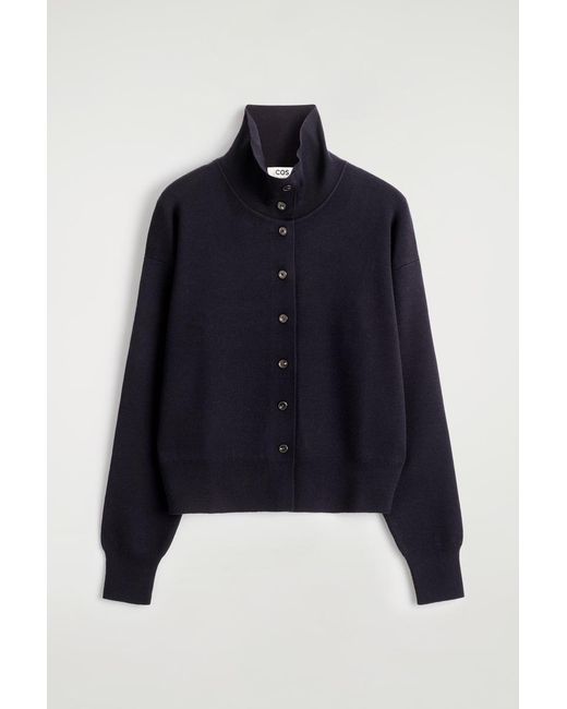 COS Blue Merino Wool Mock-Neck Cardigan