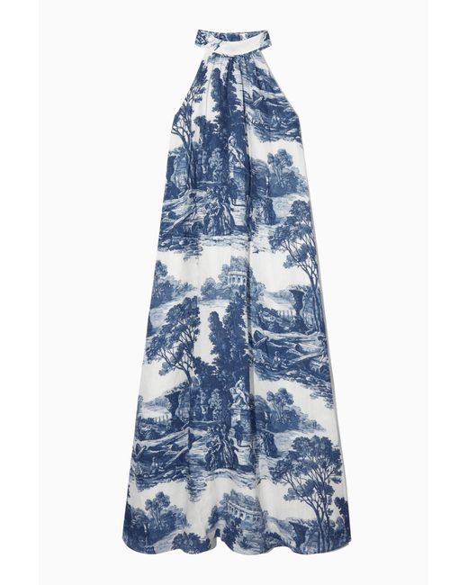 COS Blue Printed Halterneck Maxi Dress