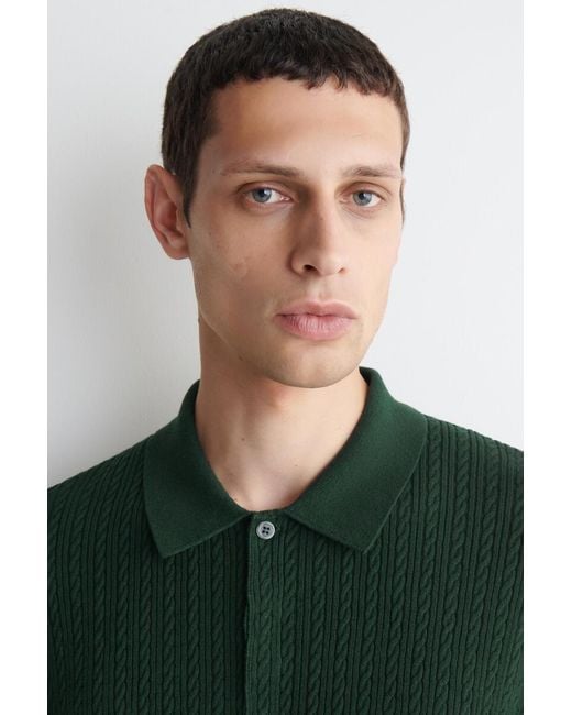 COS Green Cable-Knit Cotton-Linen Polo Shirt for men
