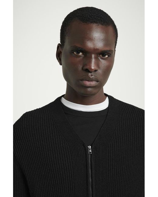 COS Black Bouclé-Knit V-Neck Zip-Up Cardigan for men