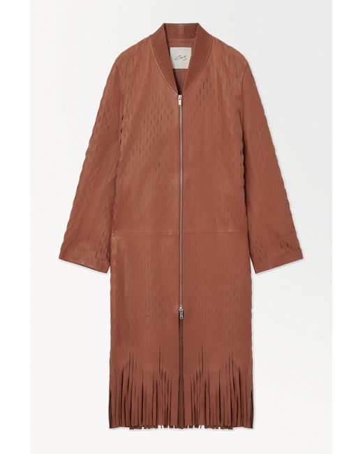 COS Brown The Perforated Leather Longline Bomber Jacket