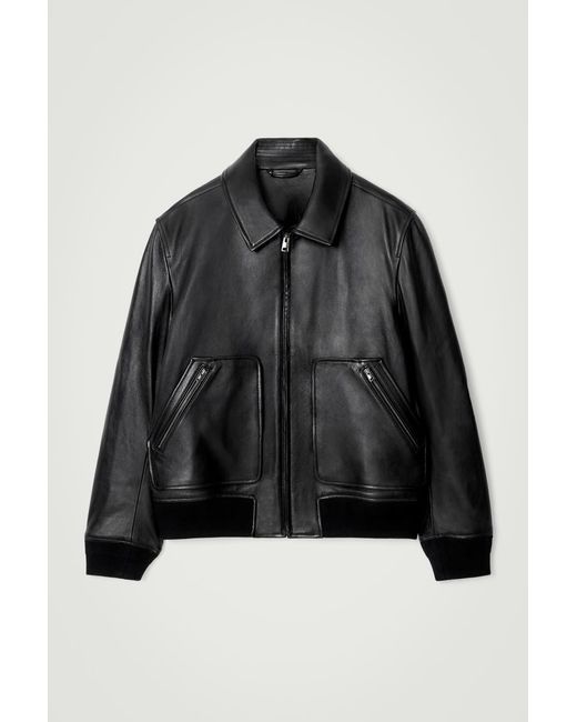 COS Black Leather Bomber Jacket for men