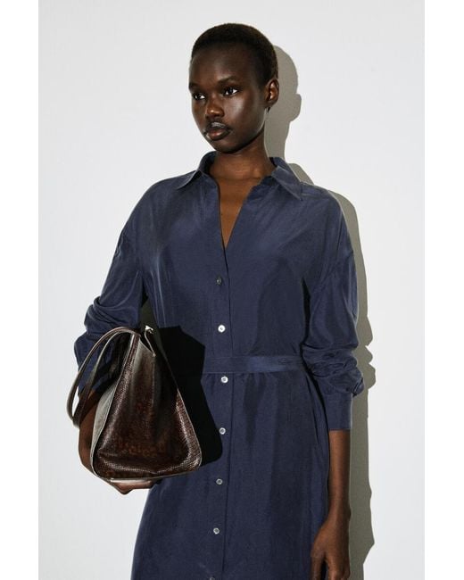 cos silk shirt dress COS Gathered Washed-Silk Midi Shirt Dress in Blue