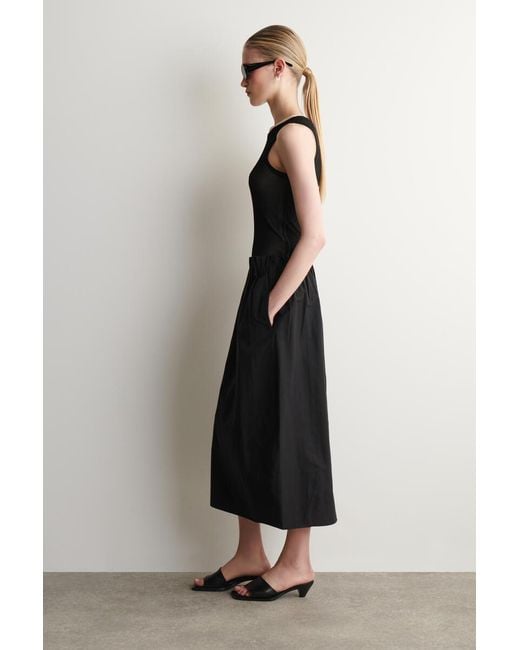 COS Black Cotton-Linen Balloon Midi Skirt